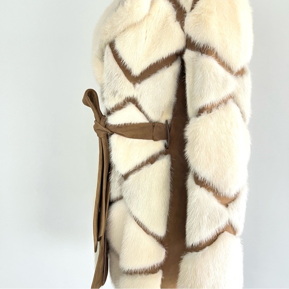 Genuine Geometric Cream w Light Gray Mink Tan Faux Suede Mid Jacket Coat Sz XS-M - Picture 5 of 15